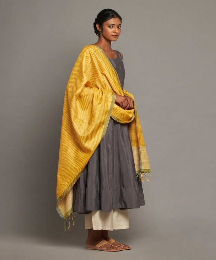 Yellow tussar silk handwoven kosa dupatta