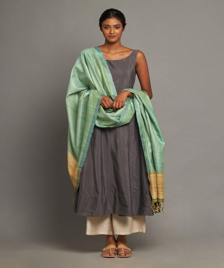 Aqua blue tussar silk handwoven kosa dupatta