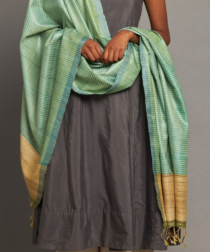 Aqua blue tussar silk handwoven kosa dupatta
