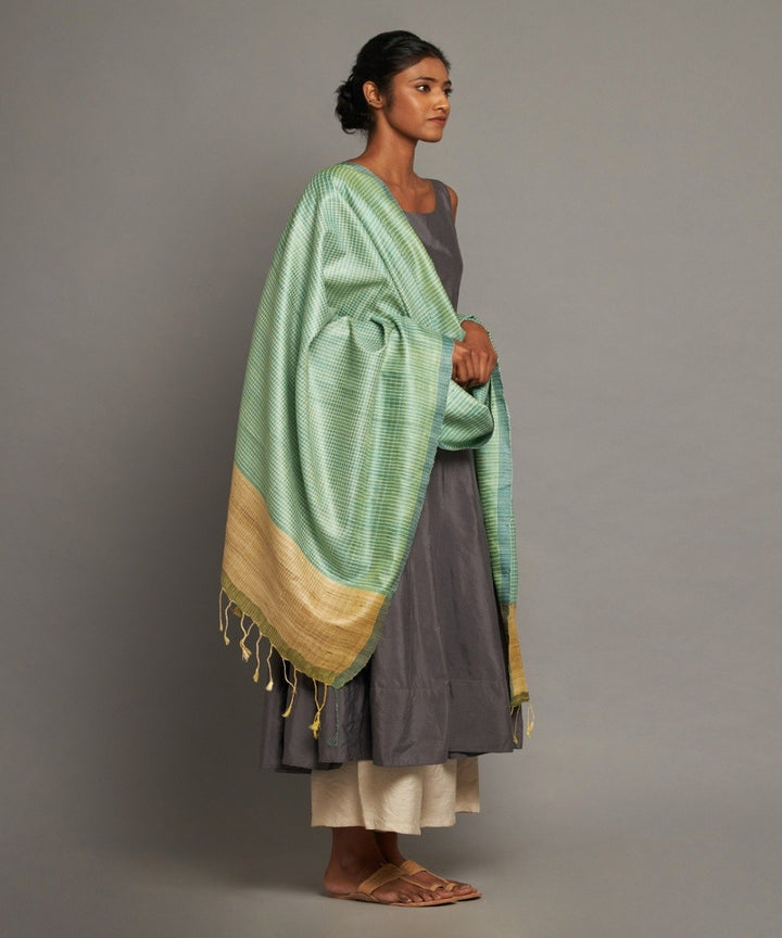 Aqua blue tussar silk handwoven kosa dupatta