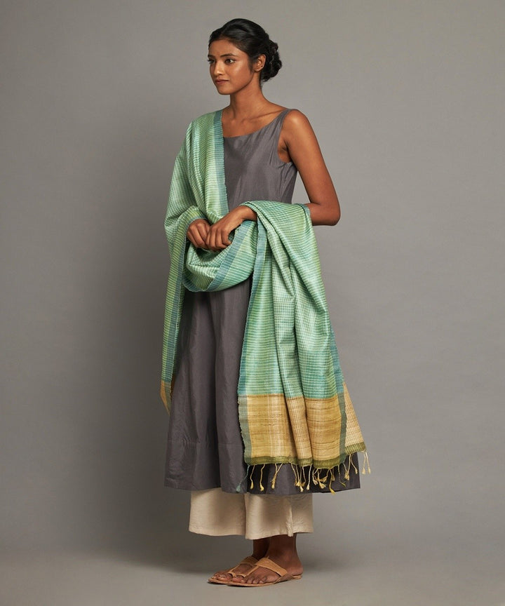 Aqua blue tussar silk handwoven kosa dupatta