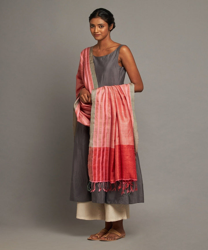 Red tussar silk kosa handloom dupatta