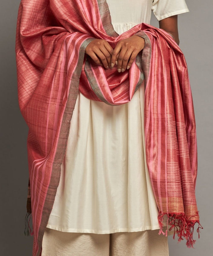 Red tussar silk hand woven kosa dupatta