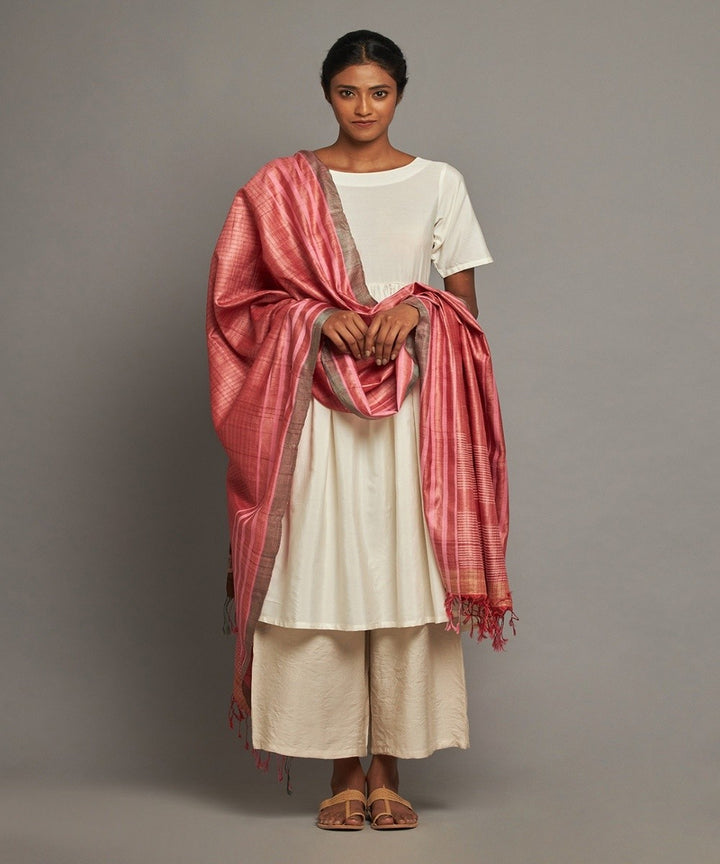 Red tussar silk hand woven kosa dupatta