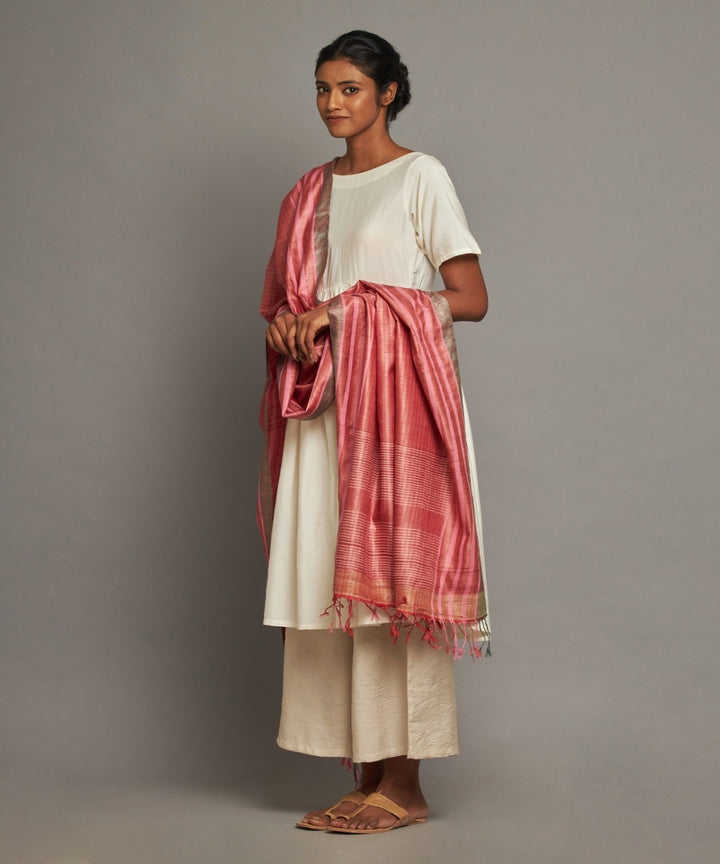 Red tussar silk hand woven kosa dupatta