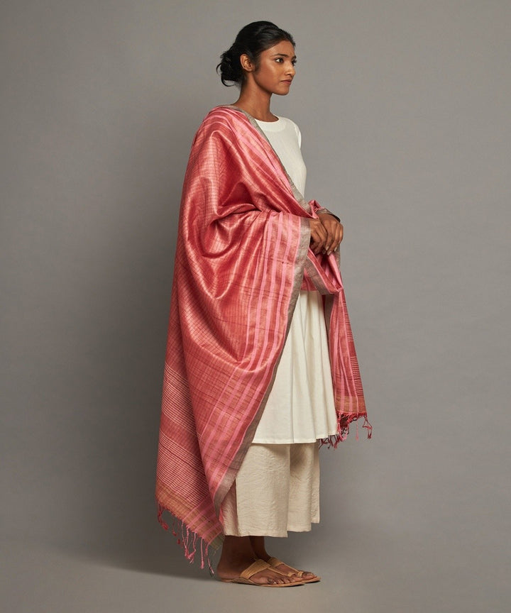 Red tussar silk hand woven kosa dupatta