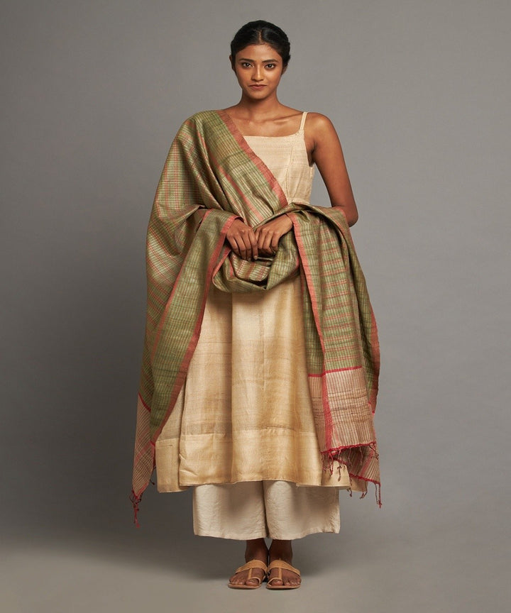 Olive green tussar silk handwoven kosa dupatta