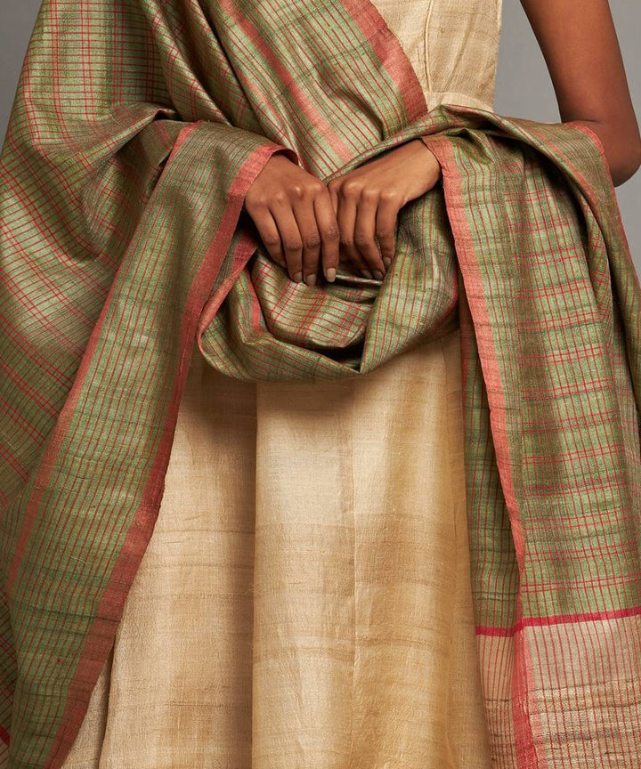 Olive green tussar silk handwoven kosa dupatta