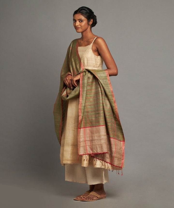 Olive green tussar silk handwoven kosa dupatta