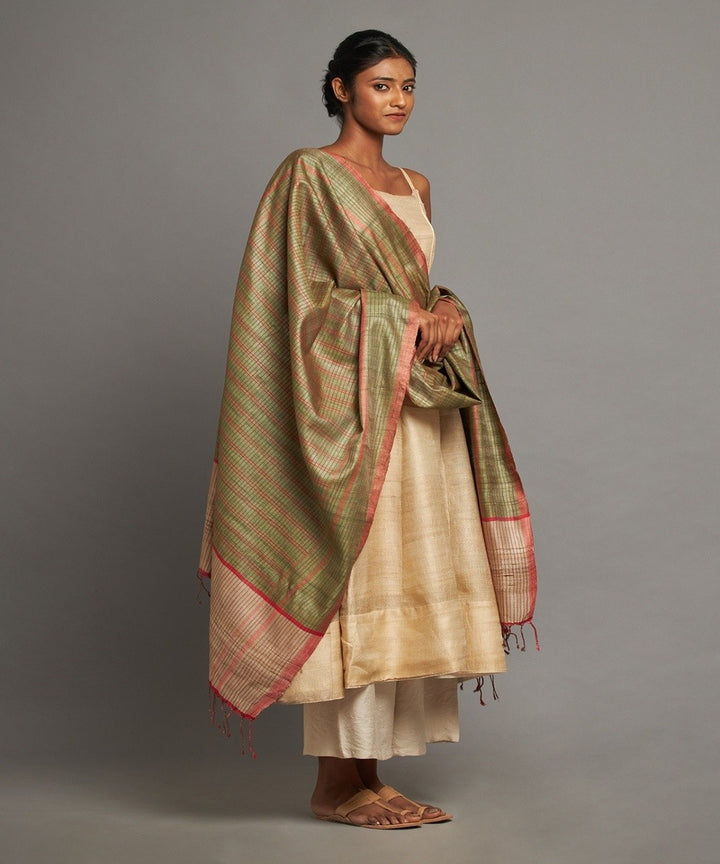 Olive green tussar silk handwoven kosa dupatta