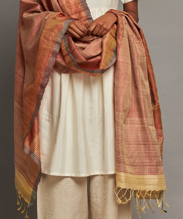 Brown tussar silk handwoven kosa dupatta