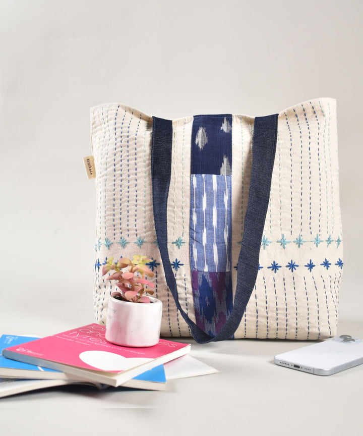 White indigo handloom cotton pochampally ikat bag