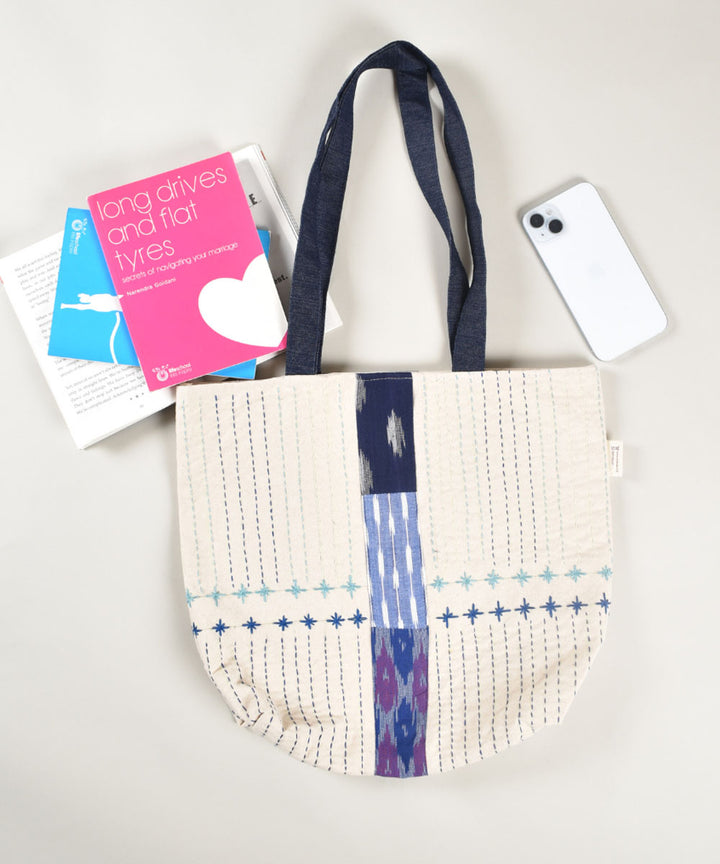 White indigo handloom cotton pochampally ikat bag