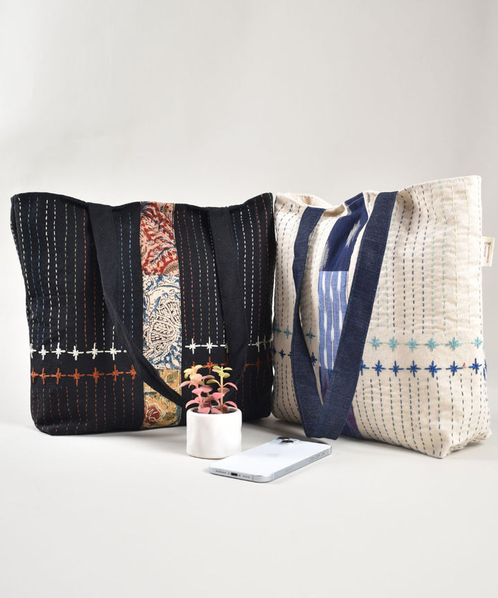 White indigo handloom cotton pochampally ikat bag