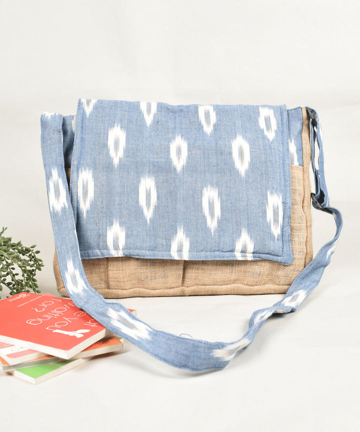 Sky blue white handloom cotton pochampally ikat bag