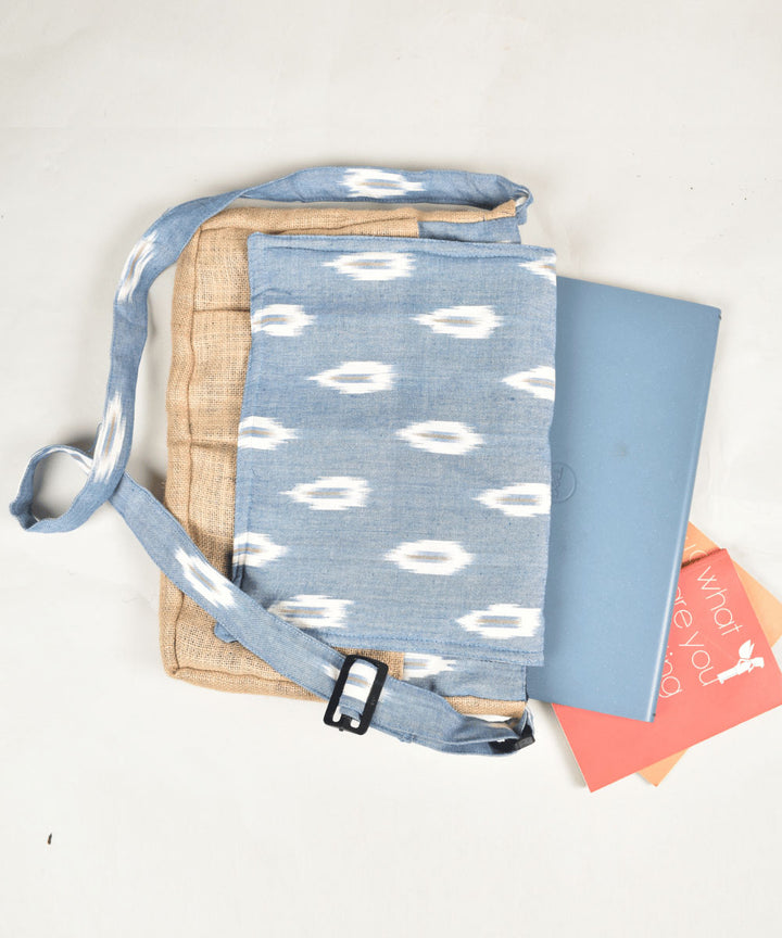 Sky blue white handloom cotton pochampally ikat bag