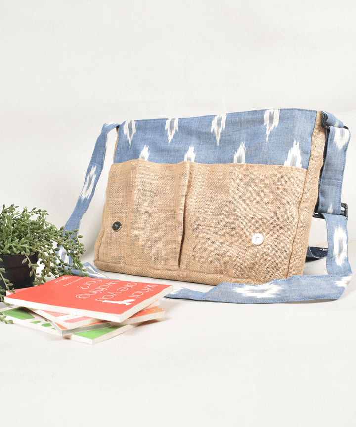 Sky blue white handloom cotton pochampally ikat bag