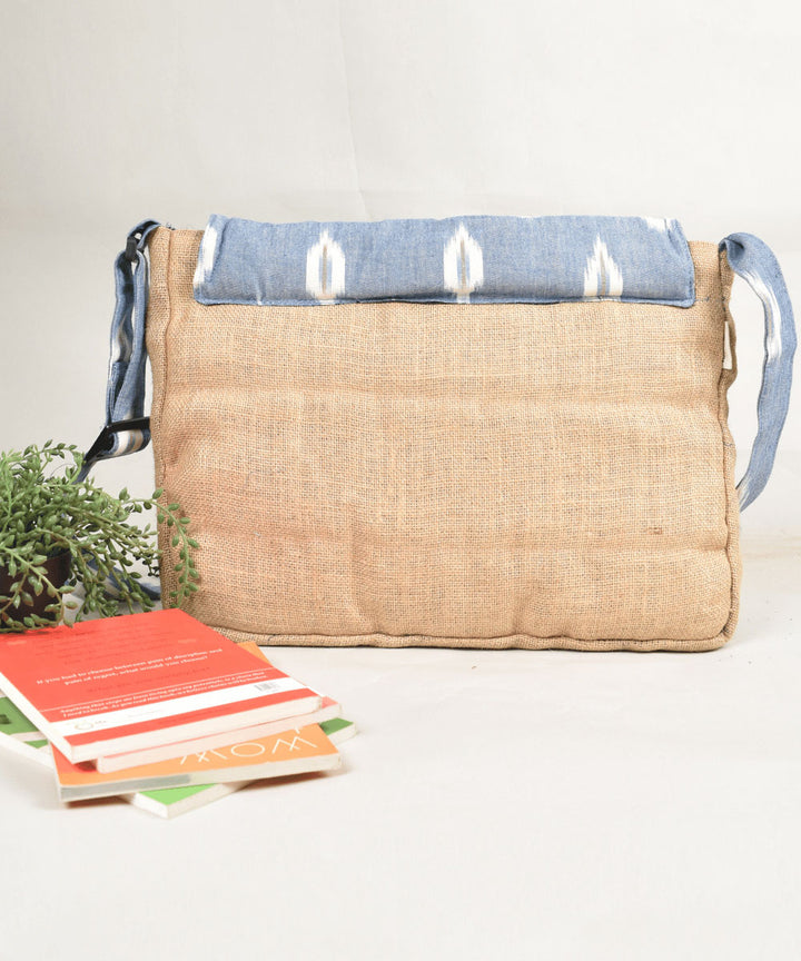 Sky blue white handloom cotton pochampally ikat bag