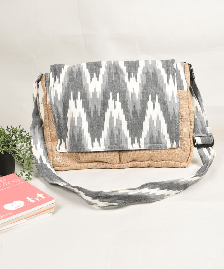 Grey white handloom cotton pochampally ikat bag