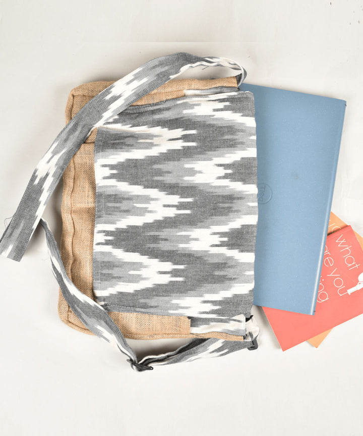 Grey white handloom cotton pochampally ikat bag