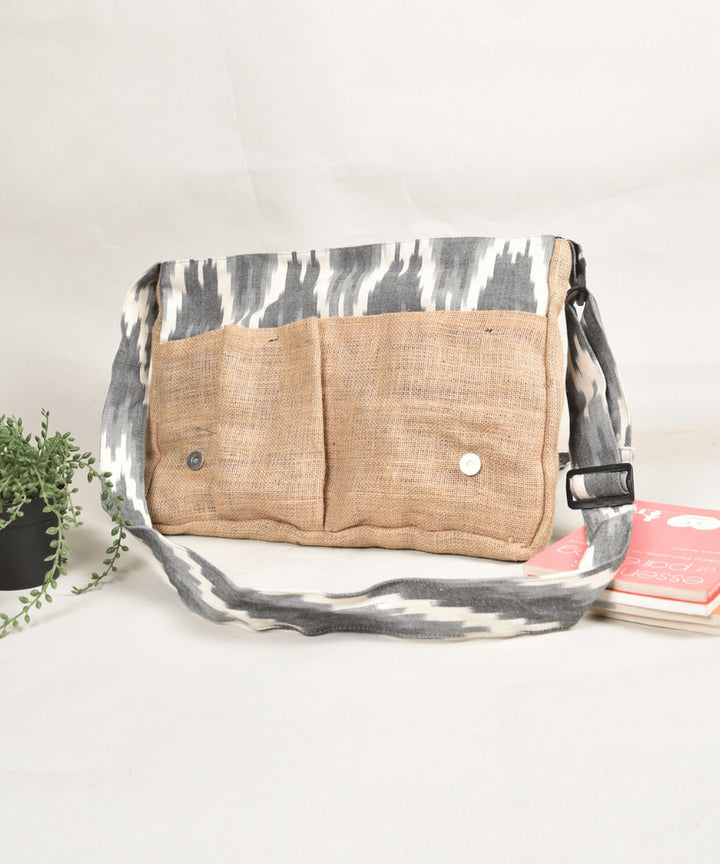 Grey white handloom cotton pochampally ikat bag