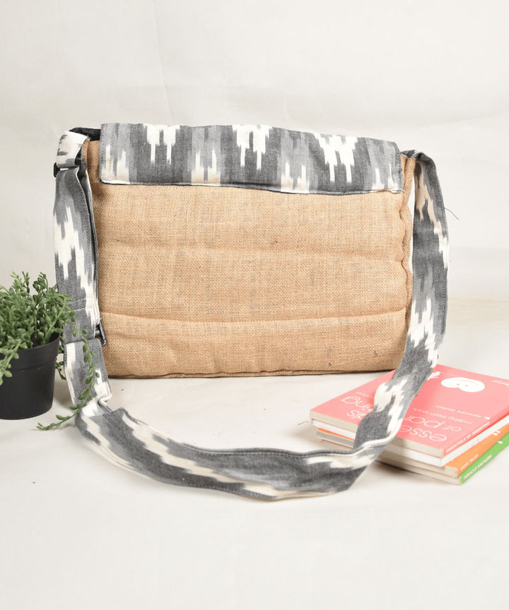 Grey white handloom cotton pochampally ikat bag