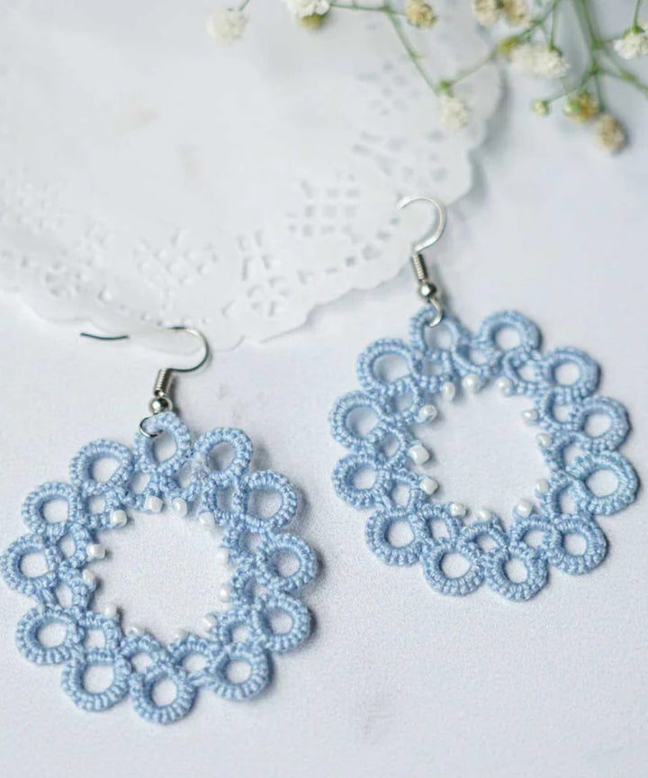 Navy blue handmade tatting cotton earring