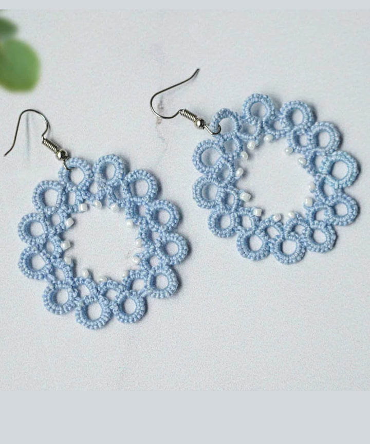 Navy blue handmade tatting cotton earring