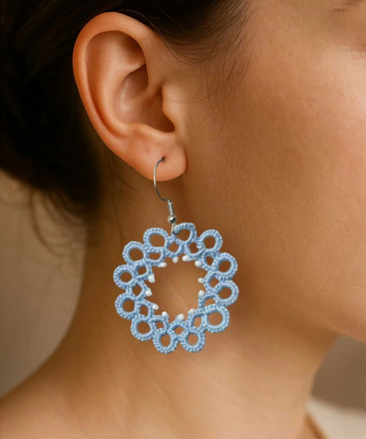 Navy blue handmade tatting cotton earring