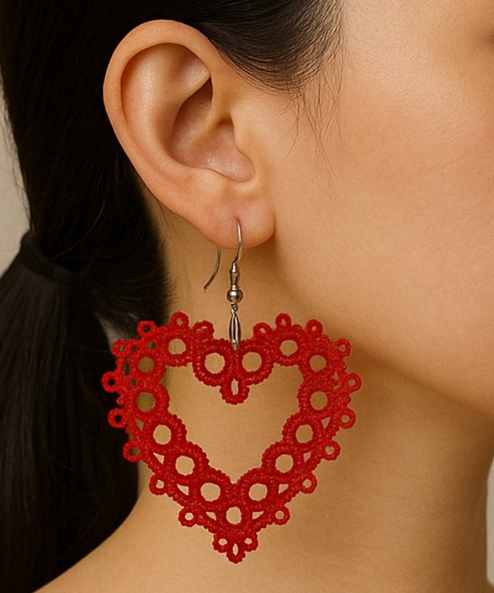 Red black handmade cotton tatting earring