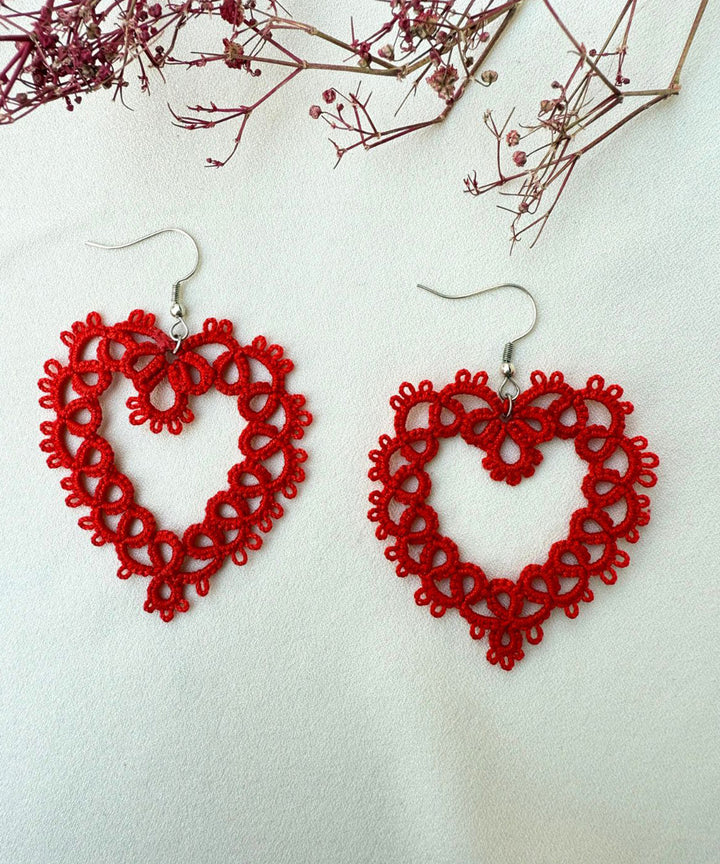 Red black handmade cotton tatting earring