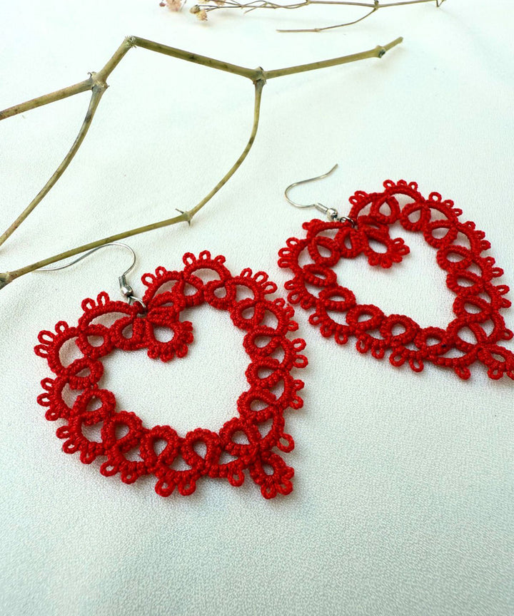 Red black handmade cotton tatting earring