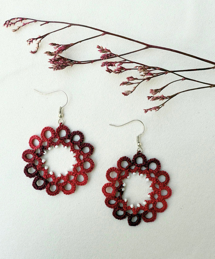 Red black handmade tatting cotton earring