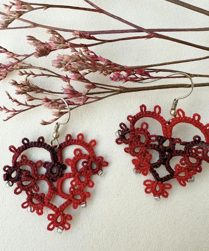 Red white handmade tatting cotton earring