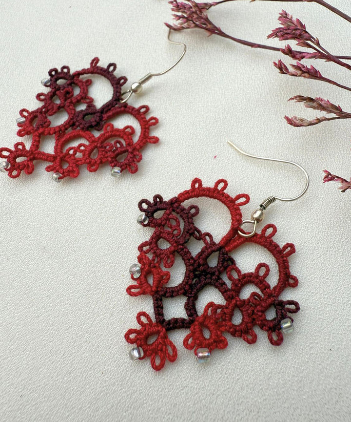 Red white handmade tatting cotton earring