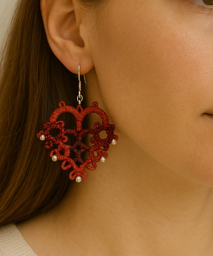 Red white handmade tatting cotton earring