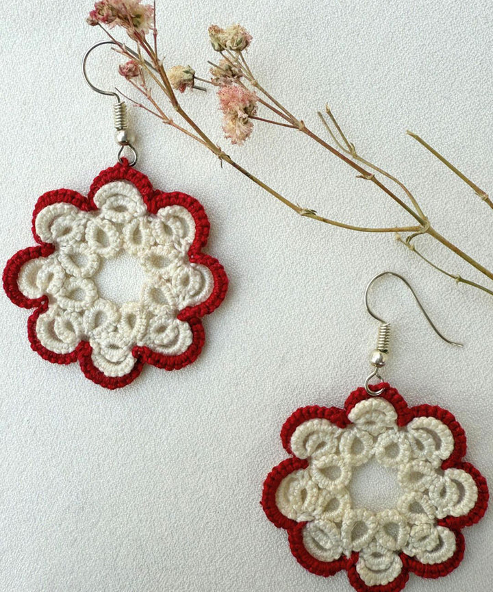 Red handmade tatting cotton earring