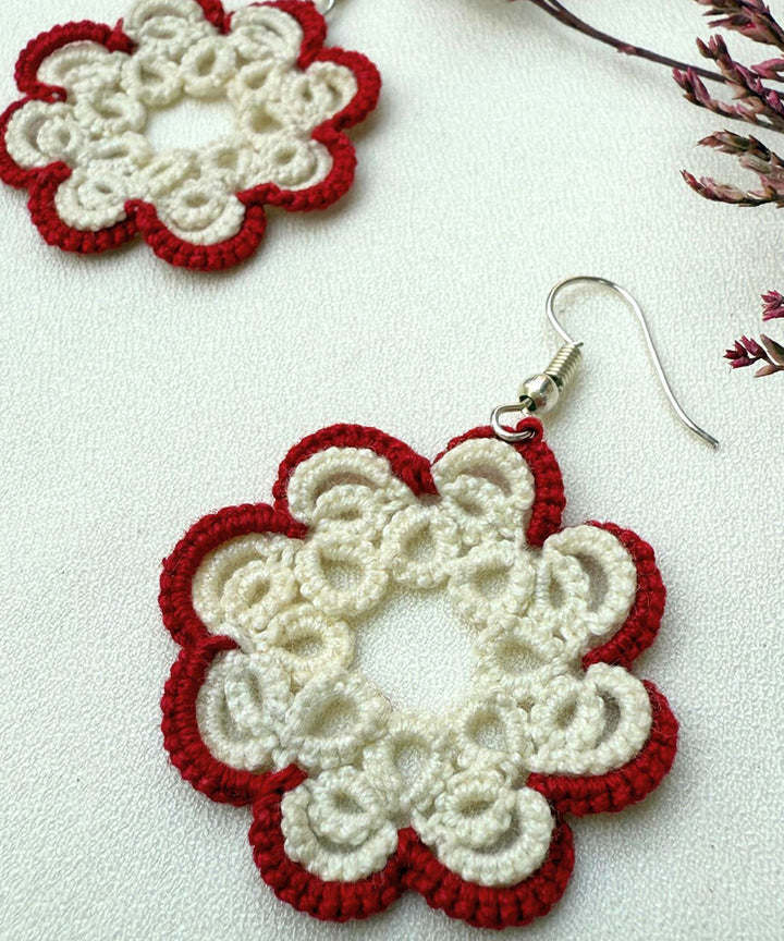 Red handmade tatting cotton earring