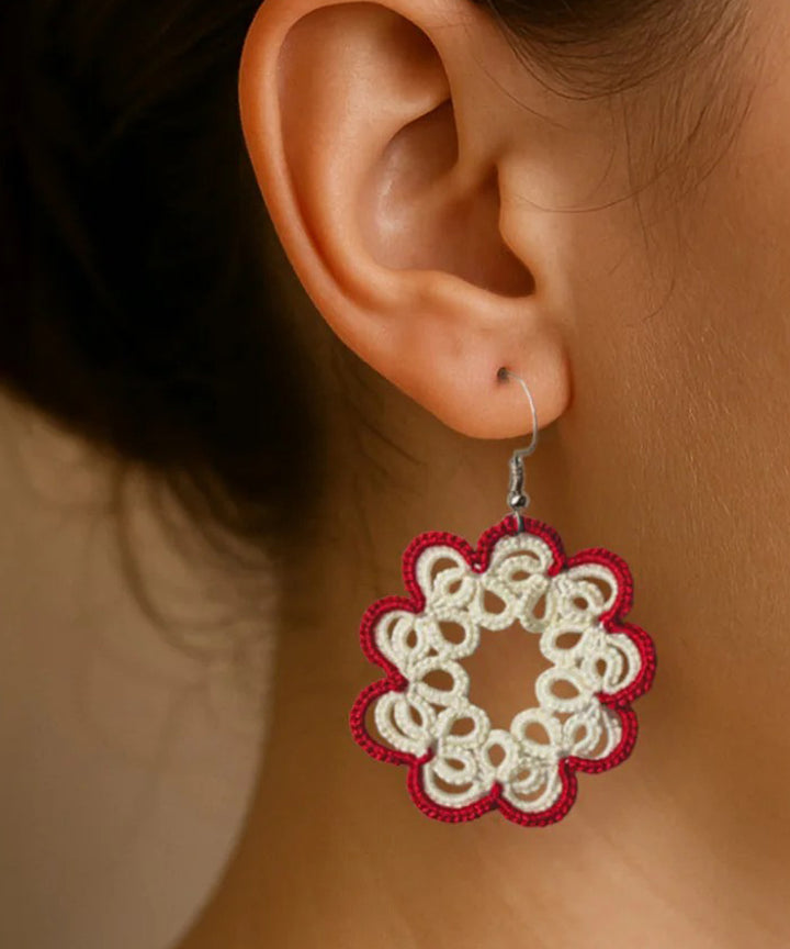 Red handmade tatting cotton earring