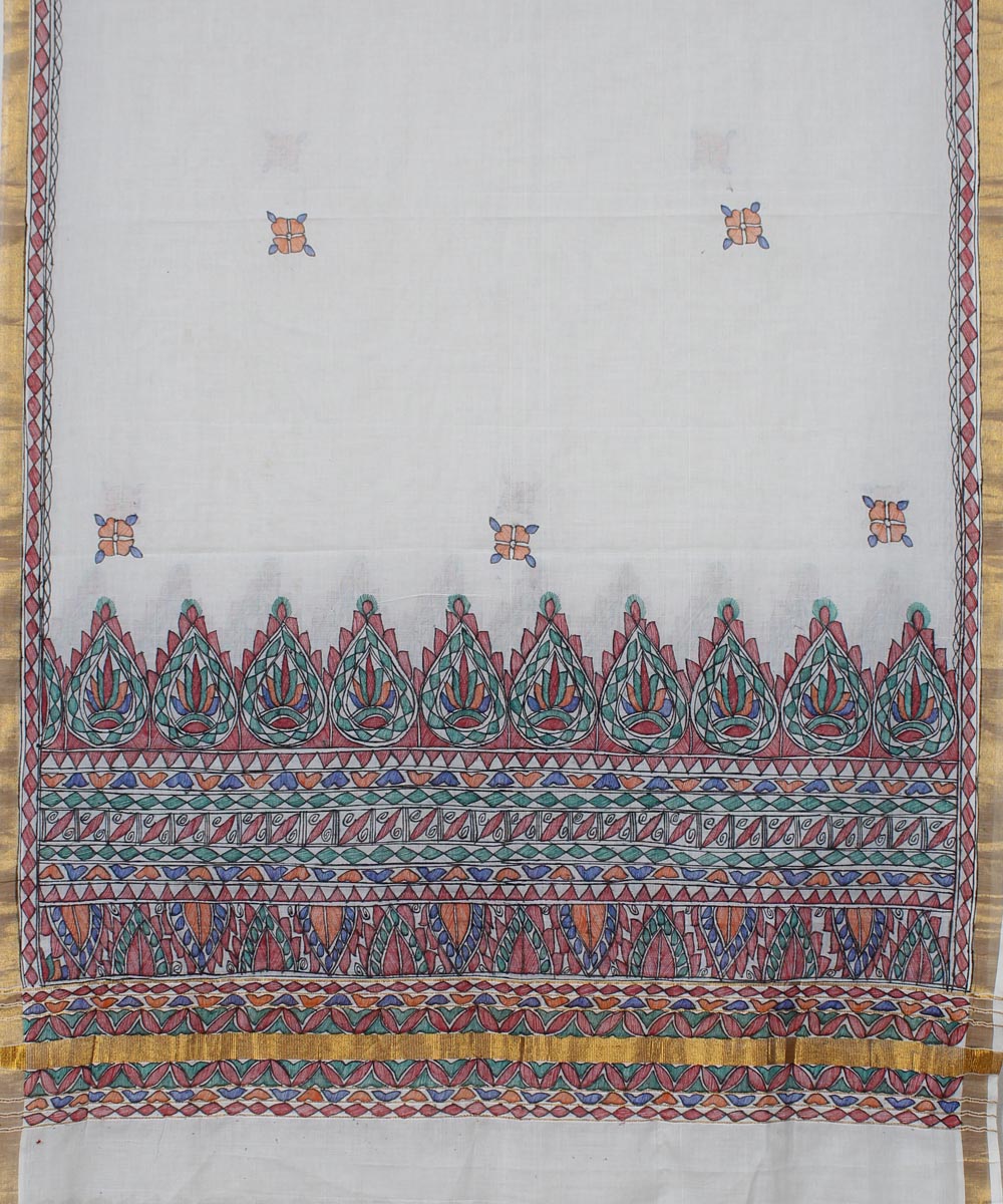 Offwhite cotton silk madhubani painting handloom dupatta