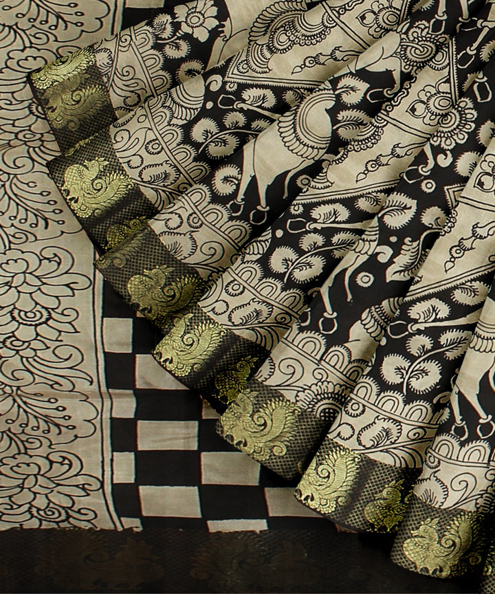 Black cream kalamkari hand painted silk saree