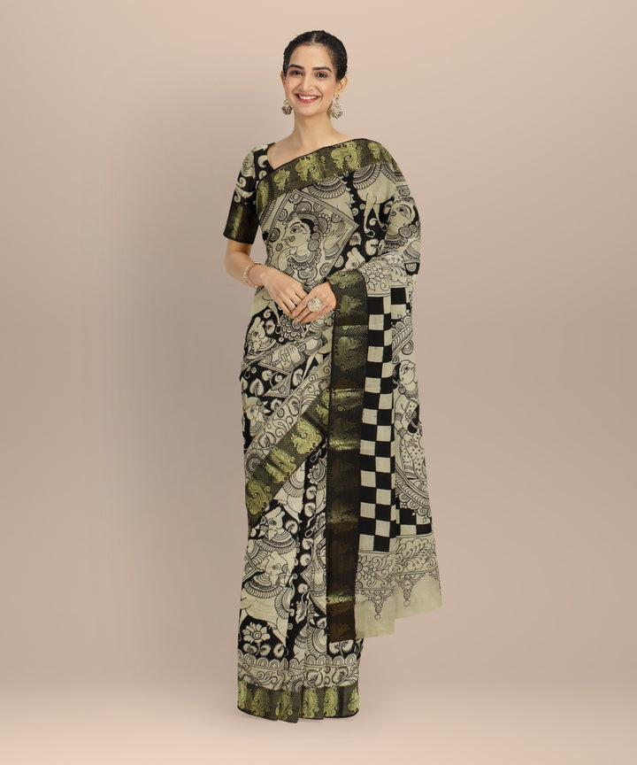 Black cream kalamkari hand painted silk saree