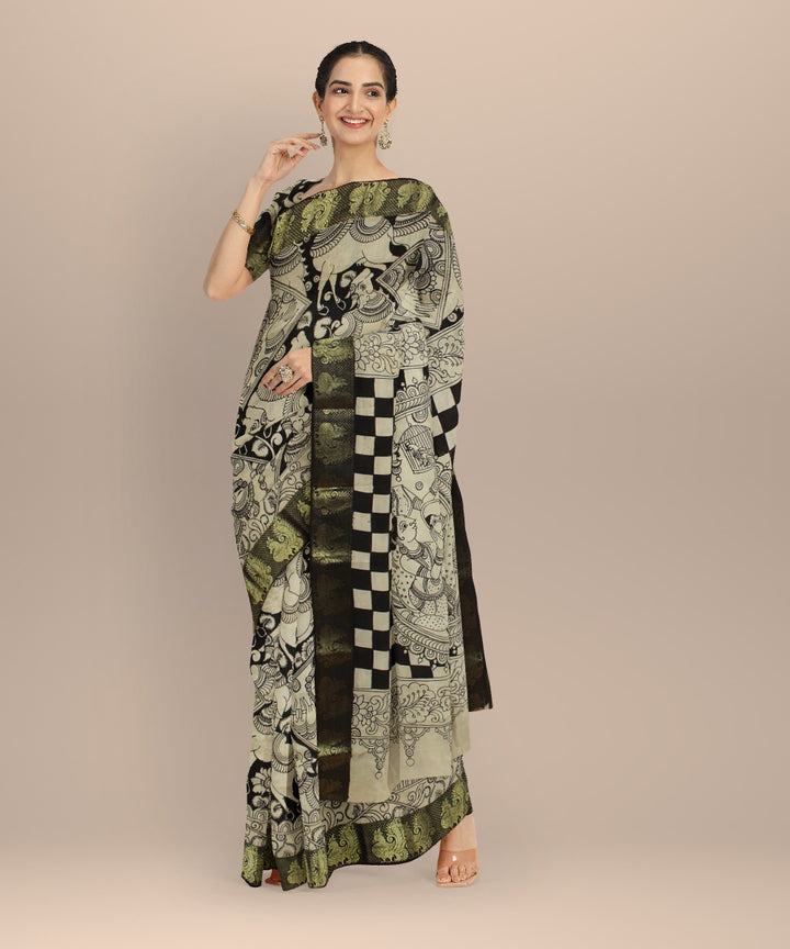 Black cream kalamkari hand painted silk saree