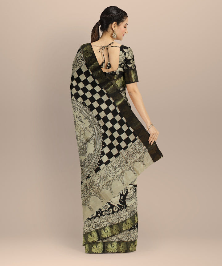 Black cream kalamkari hand painted silk saree