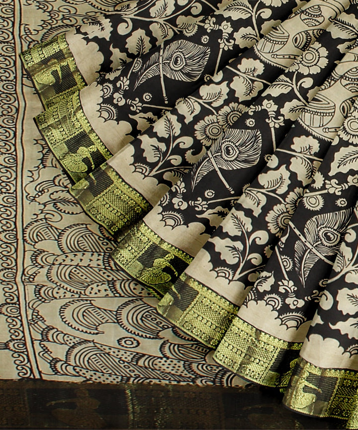 Cream black silk hand painted kalamkari saree