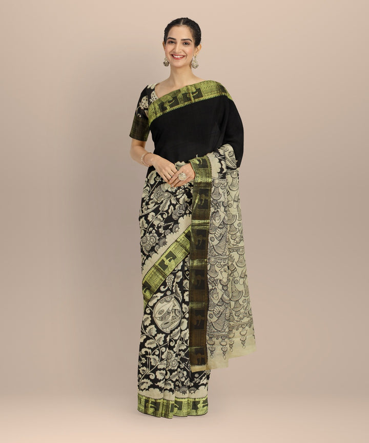 Cream black silk hand painted kalamkari saree