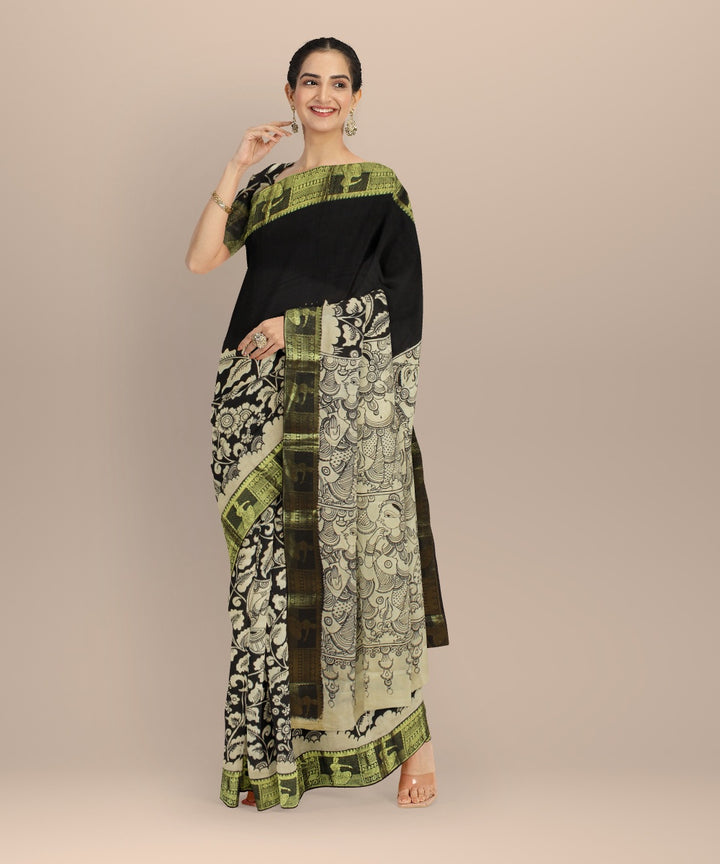 Cream black silk hand painted kalamkari saree