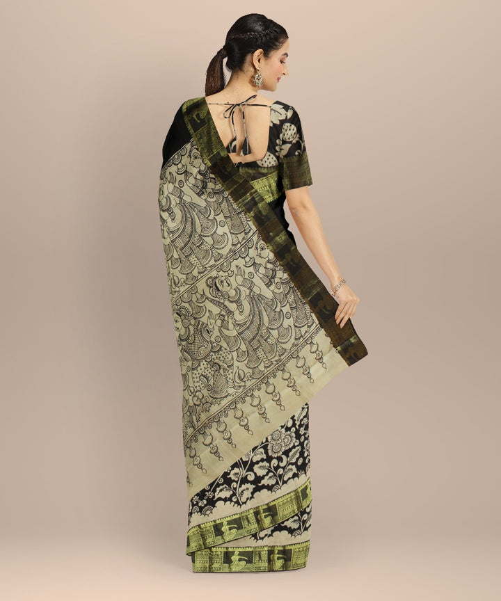 Cream black silk hand painted kalamkari saree