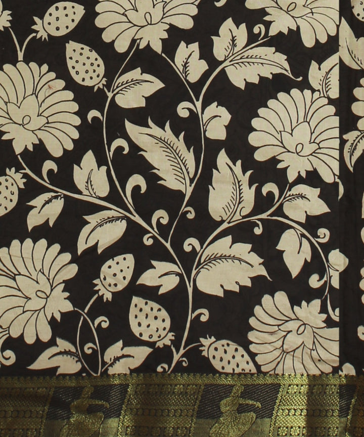 Cream black silk hand painted kalamkari saree