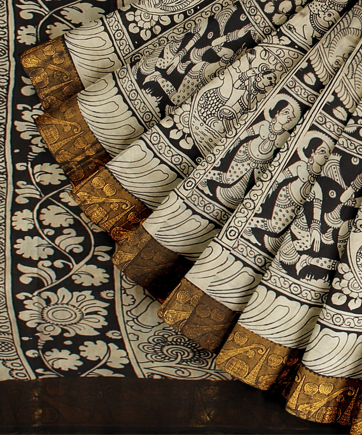Black cream mustard silk hand painted kalamkari saree